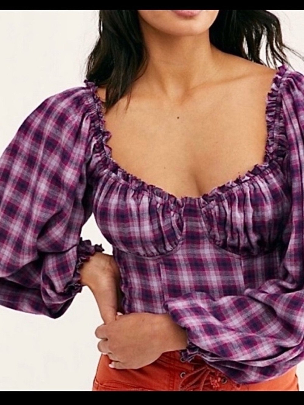 Free People Cherry Bomb Cropped Plaid Flannel Smocked Sweetheart Top